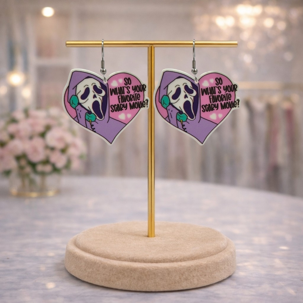 Ghostface Heart Earrings | Horror Movie Inspired Y2K Goth Statement Jewelry - Picture 3 of 4